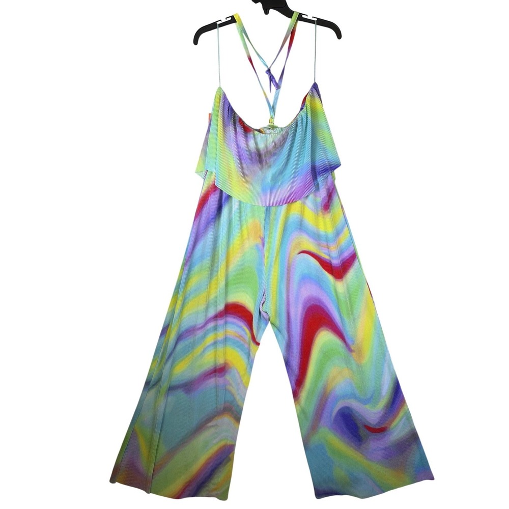 Intempo Jumpsuit Womens XL Multicolor Psychedelic Pleated Halter Wide Leg IN4018